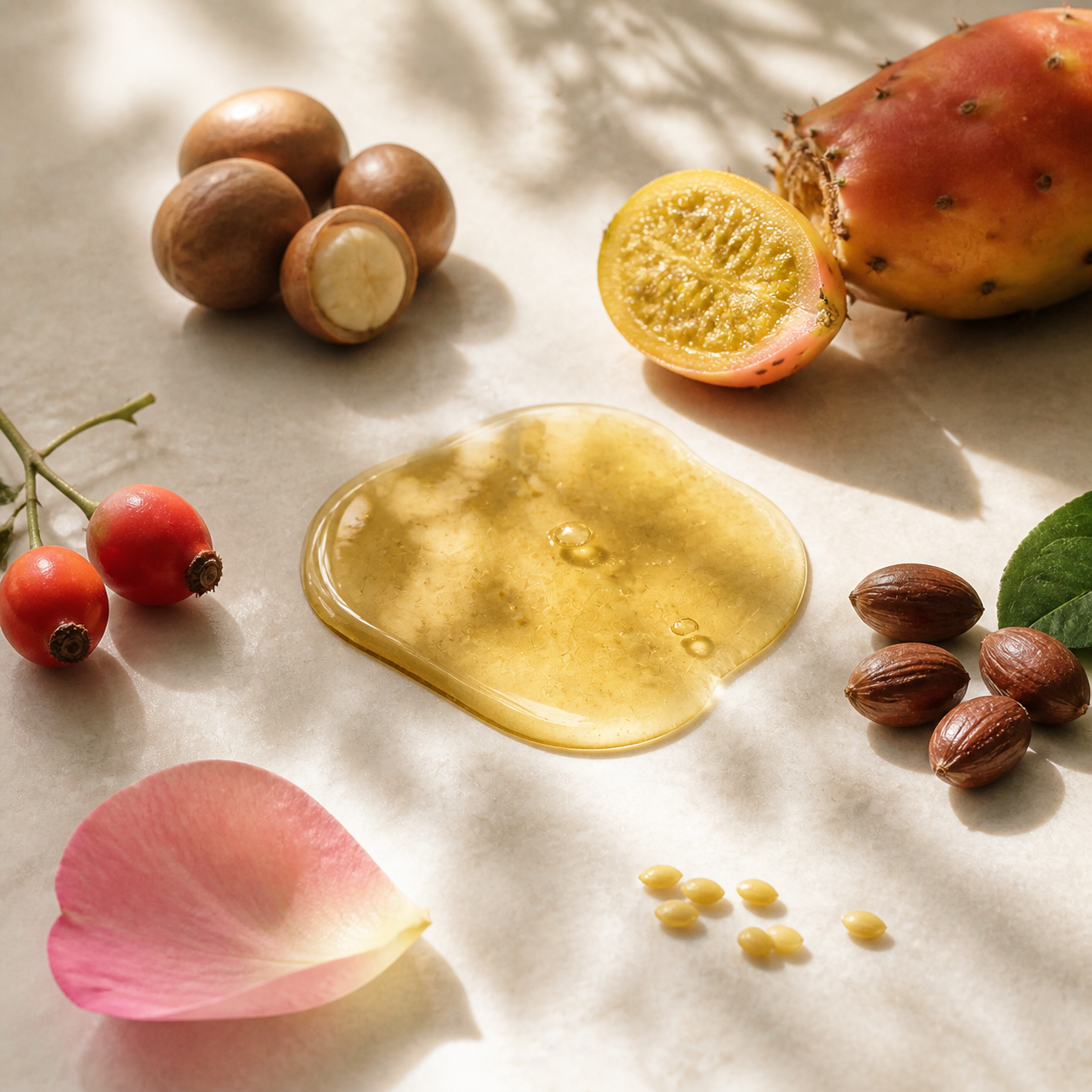 Cactusvijgzaad, marula, rozenbottel en jojoba, de olien achter de Luxury Skin Elixir