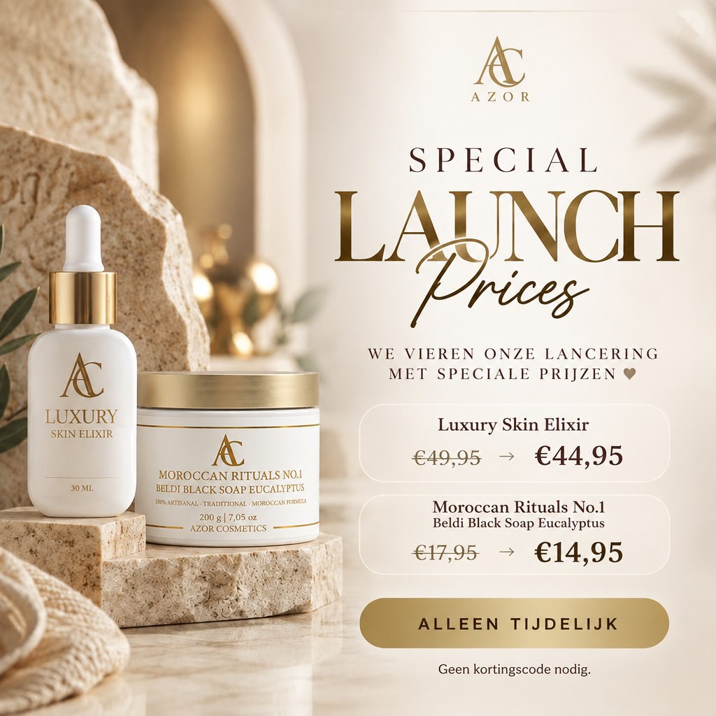 Special launch prices: Luxury Skin Elixir EUR 44,95 in plaats van EUR 49,95, Black Soap EUR 14,95 in plaats van EUR 17,95. Alleen tijdelijk, geen kortingscode nodig.